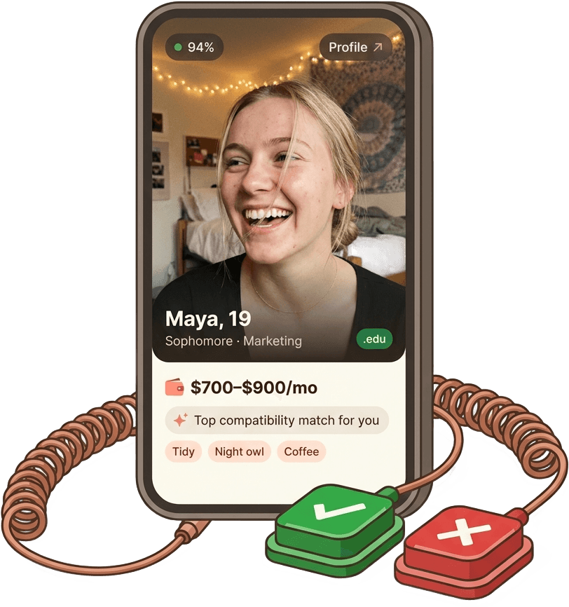 Kovie roommate match: Maya, 94% compatible, with swipe controls