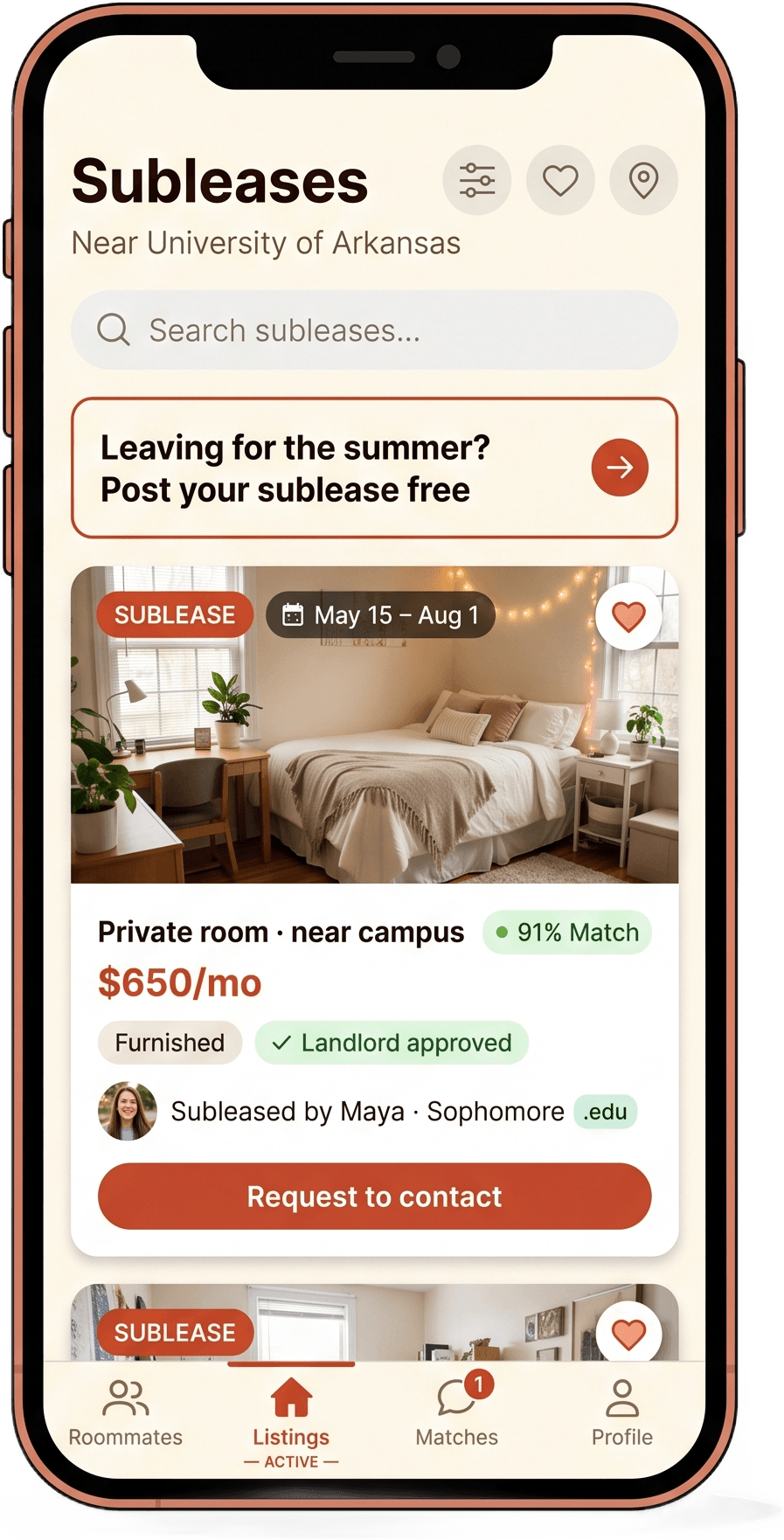 Kovie sublease listing: private room near campus, landlord approved